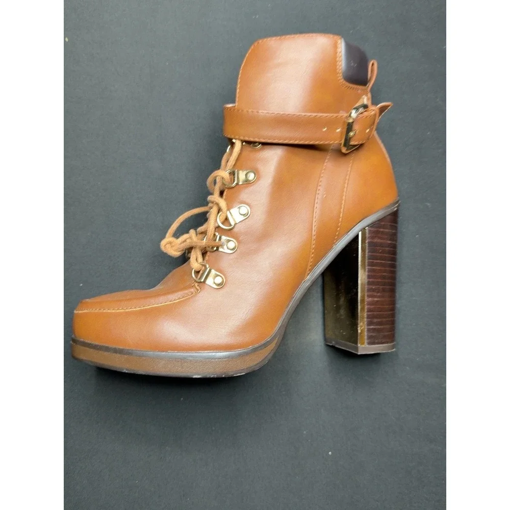 Torrid Womens 10W Cognac Lace Up Heeled Combat Ankle Boots Buckle Zip Wide